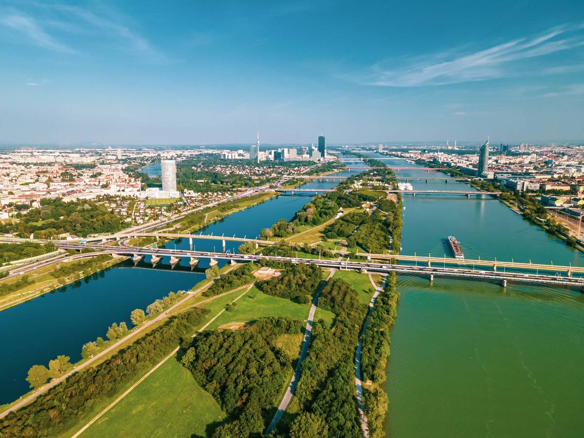 Danube Island between the two channels of the river, seen from the air