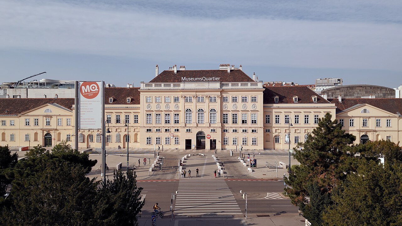 The courtyard of the MuseumsQuartier and its baroque facade