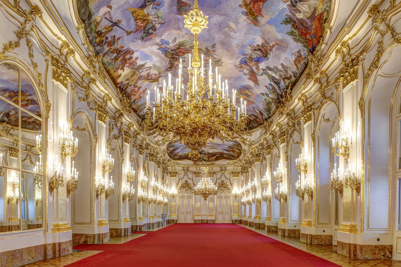 The Great Gallery of Schönbrunn Palace, its ceiling frescoes and chandeliers