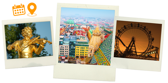 Three photographs of Vienna: the gilded Johann Strauss monument, the roofs of the old city, and the Giant Ferris Wheel at sunset